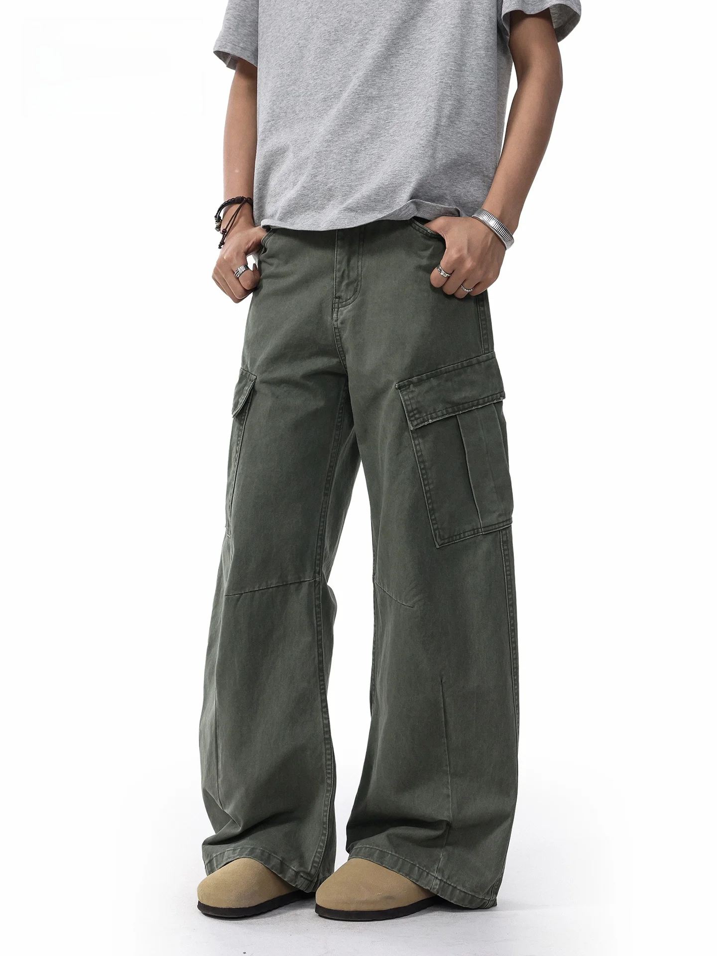 

JFU American Sle Retro Casual Pants Men's Loose Straight Leg Wide Leg Multi ket Workwear Long Trousers Summer New