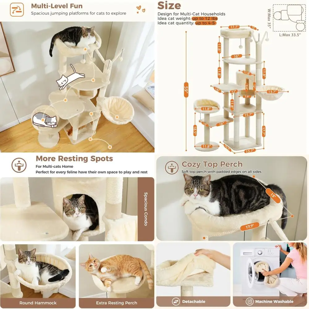 

Высокопрочный кошачий дерево-трансформер 59 с отсоединяемыми игрушками, просторным домиком, гамаком и стойками для когтеточек для крупных домашних кошек, бежевый