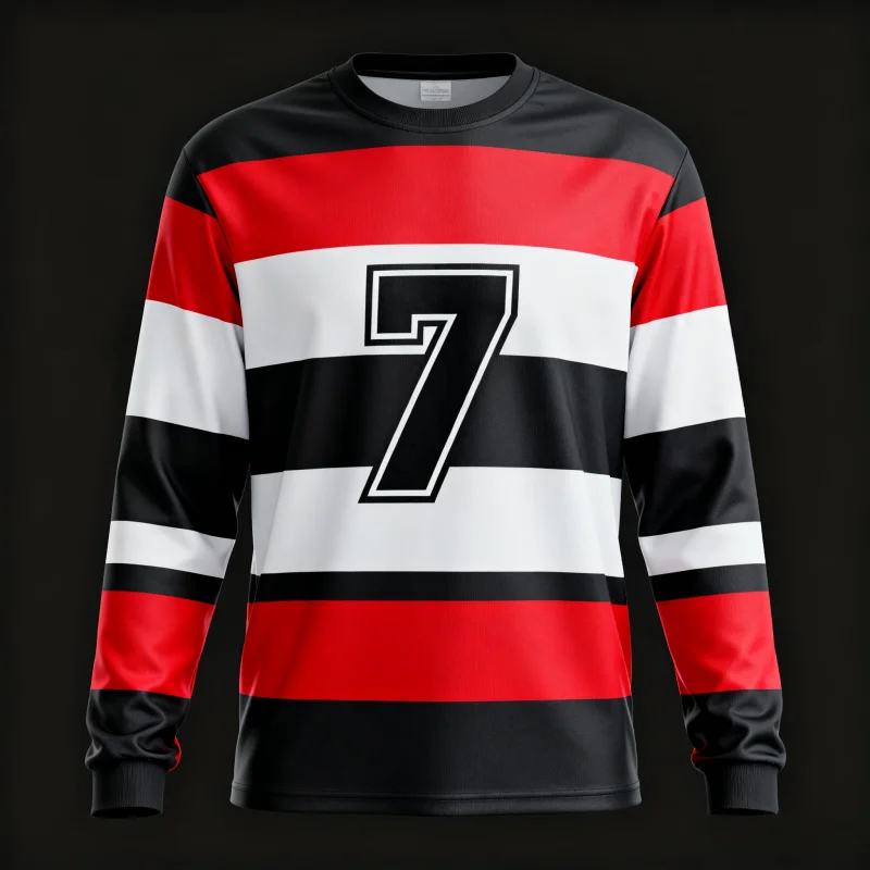 

Рубашки с длинными рукавами с 3D-принтом номер 7 и яркими красными, черно-белыми полосками — выставочный стиль для любителей спорта, быстросохнущие