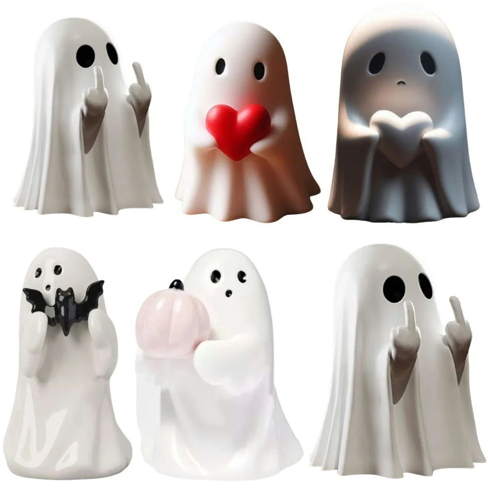 Resin Pumpkin Ghost Figurine Home Ornament Cute Halloween Table Decor Spooky Ghost Desktop Sculpture Halloween Home Office Decor