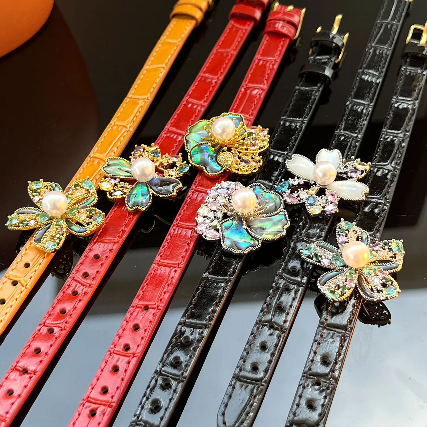 New Fashion Watch Style Bracelet, Vintage Abalone Shell Inlaid Color Zircon Pearl Mesh Woven Luxury Adjustable Wrist Bangle
