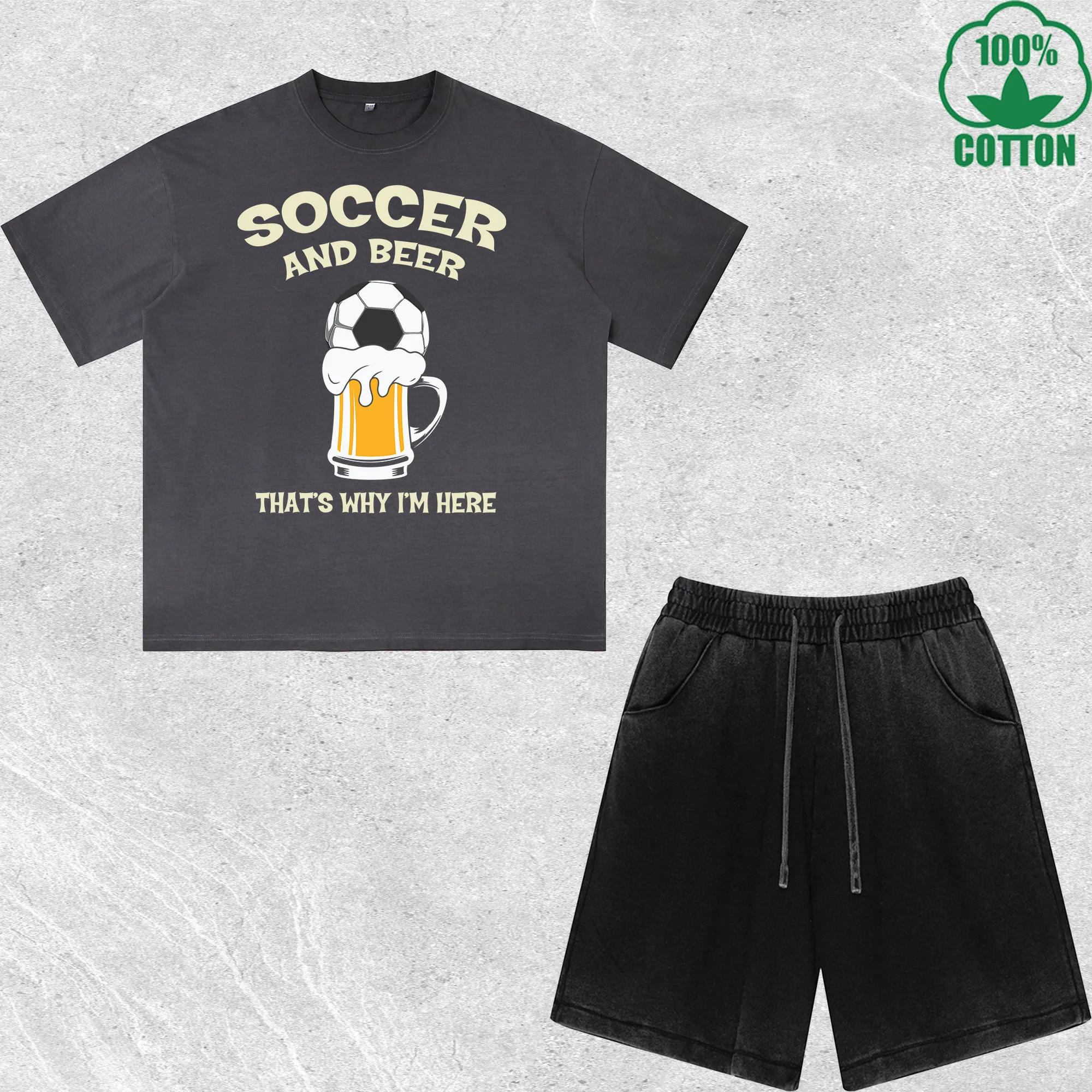 

Soccer And Beer Printed Dirty Wash T-Shirt Shorts Set Combo Loose Trendy Fashionable 100%Cotton Black Suit