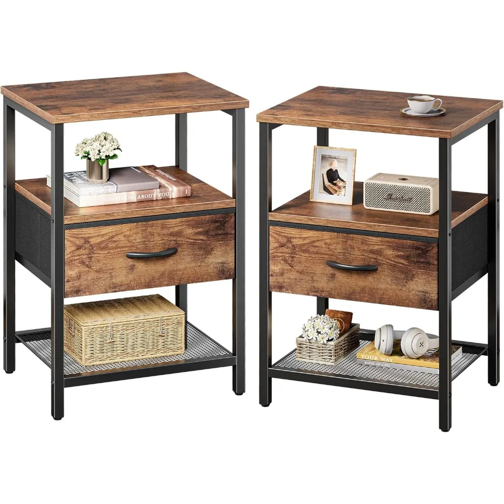 

Pair of Spacious Nightstands with Fabric Drawers and Mesh Shelves for Versatile Storage