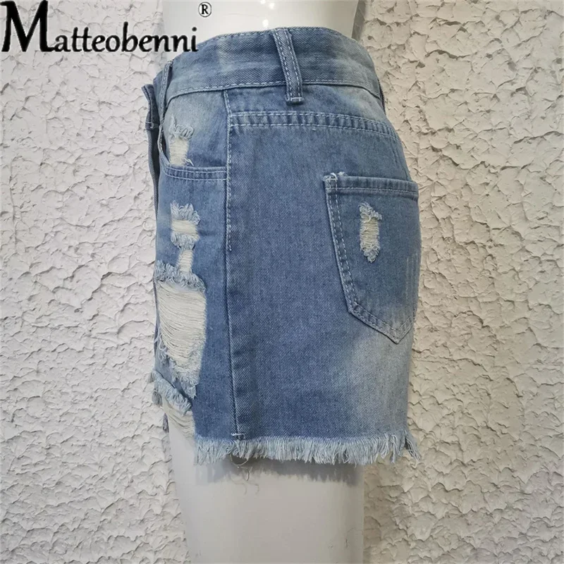 2024 Zomer Nieuwe Vrouwen Gescheurde Gerepareerd Denim Shorts Hoge Taille Bodycon Verontruste Gat Bodems Casual Zakken Sexy Korte Jeans