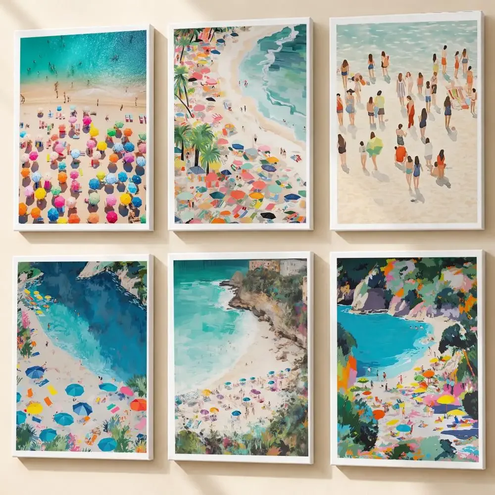 Summer Beach Aerial View Illustration Framed Wall Painting Ready to Hang Canvas Poster for Living Room Bedroom Home Decor Decals