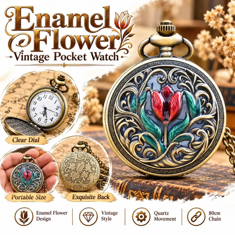 New Bronze Vintage Pocket Watch Hollow Carved Case Enamel Flower Flower Pocket Watch Rhinestone Inlay Pendant Watch Daily Wear