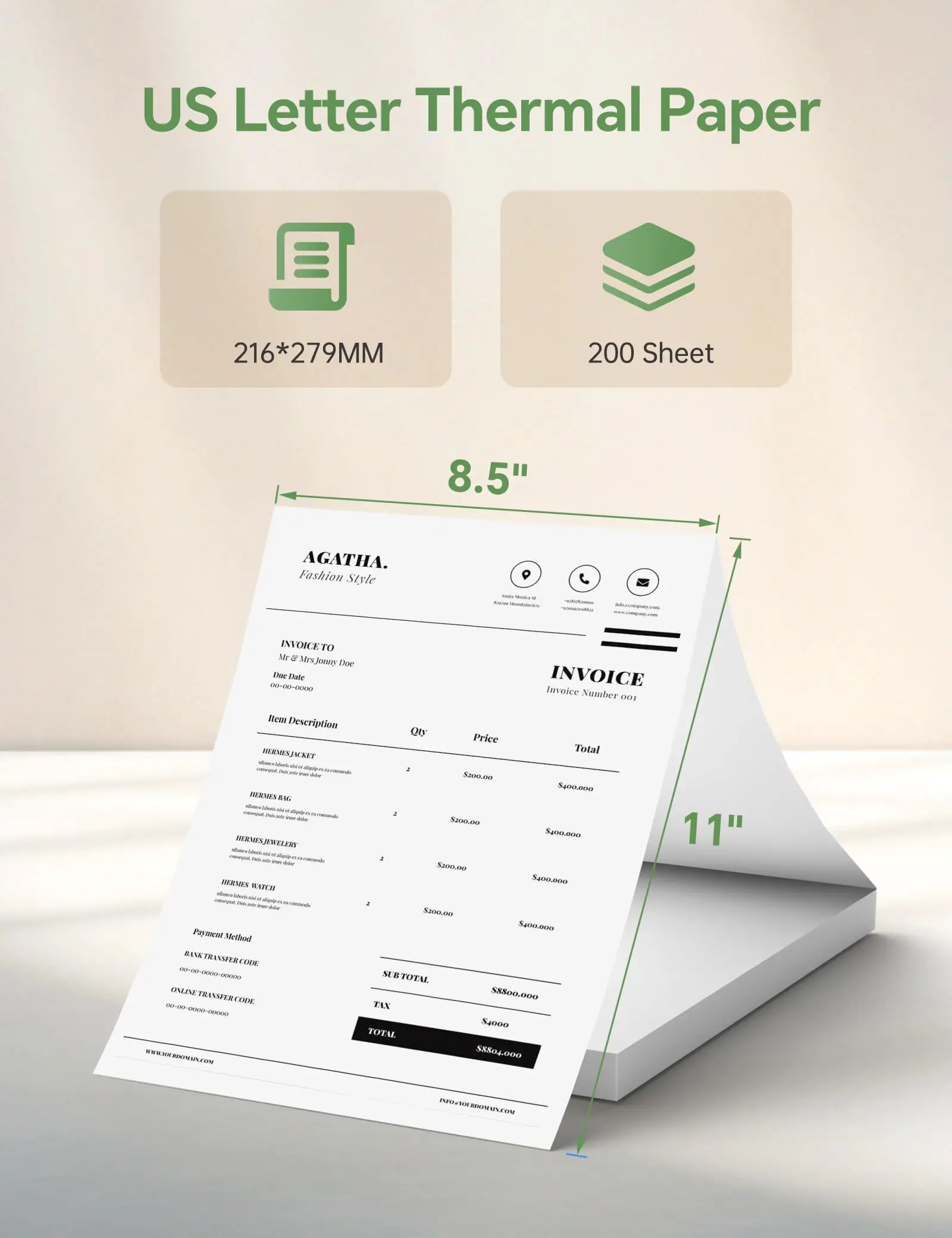 

200 sheets US Letter Size Thermal Paper 8.5x11" (216x279mm) for Wireless Printers: A40/X8/M08F/S8/MT810