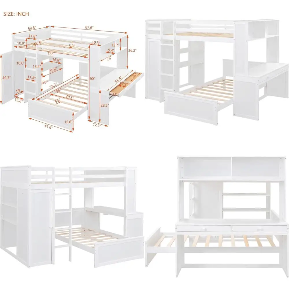 L-Shaped Twin Bunk Bed with Desk, Storage, Wardrobe, and Standalone Bed - No Box Spring Needed