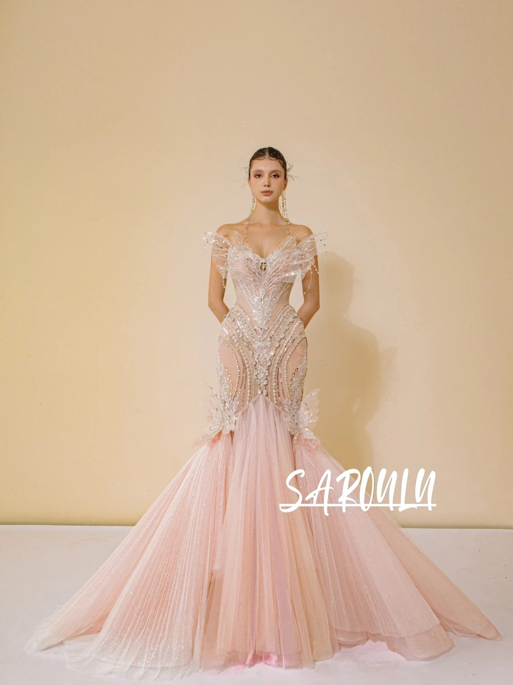 

Handmade Beaded Pink Evening Dress Fantasy 3D Butterfly Romantic Pleated Mermaid Prom Gown Glitter Crystals Luxury Party Wear