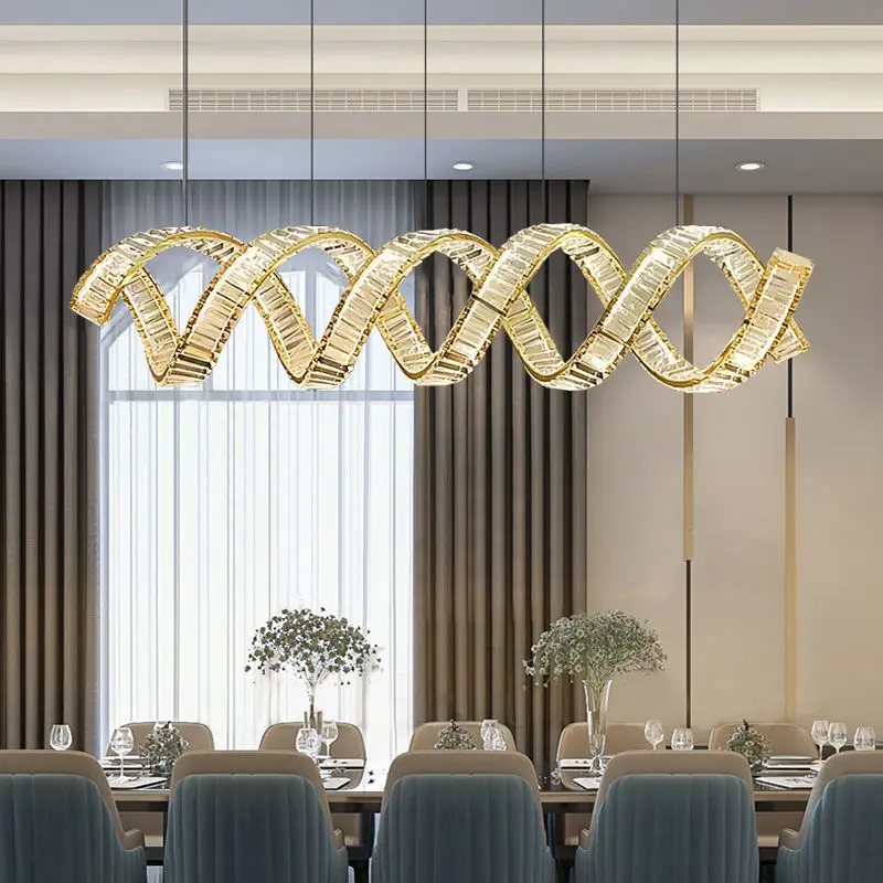 Modern, simple and light luxury, dining room, dining room, dining table, bar bar, long strip, luxury crystal chandelier