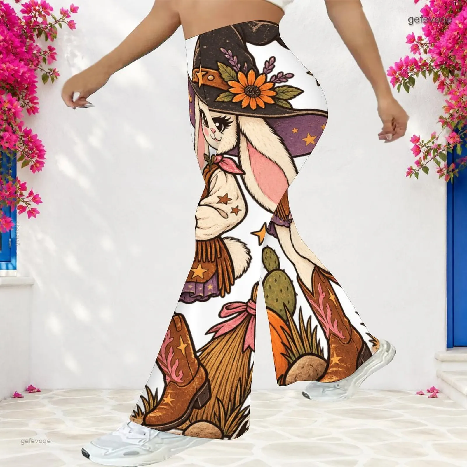 Women High Waist Full Length Flared Pants White Printed Cute Halloween Cartoon Ghost Bat Pumpkin Witch Pattern