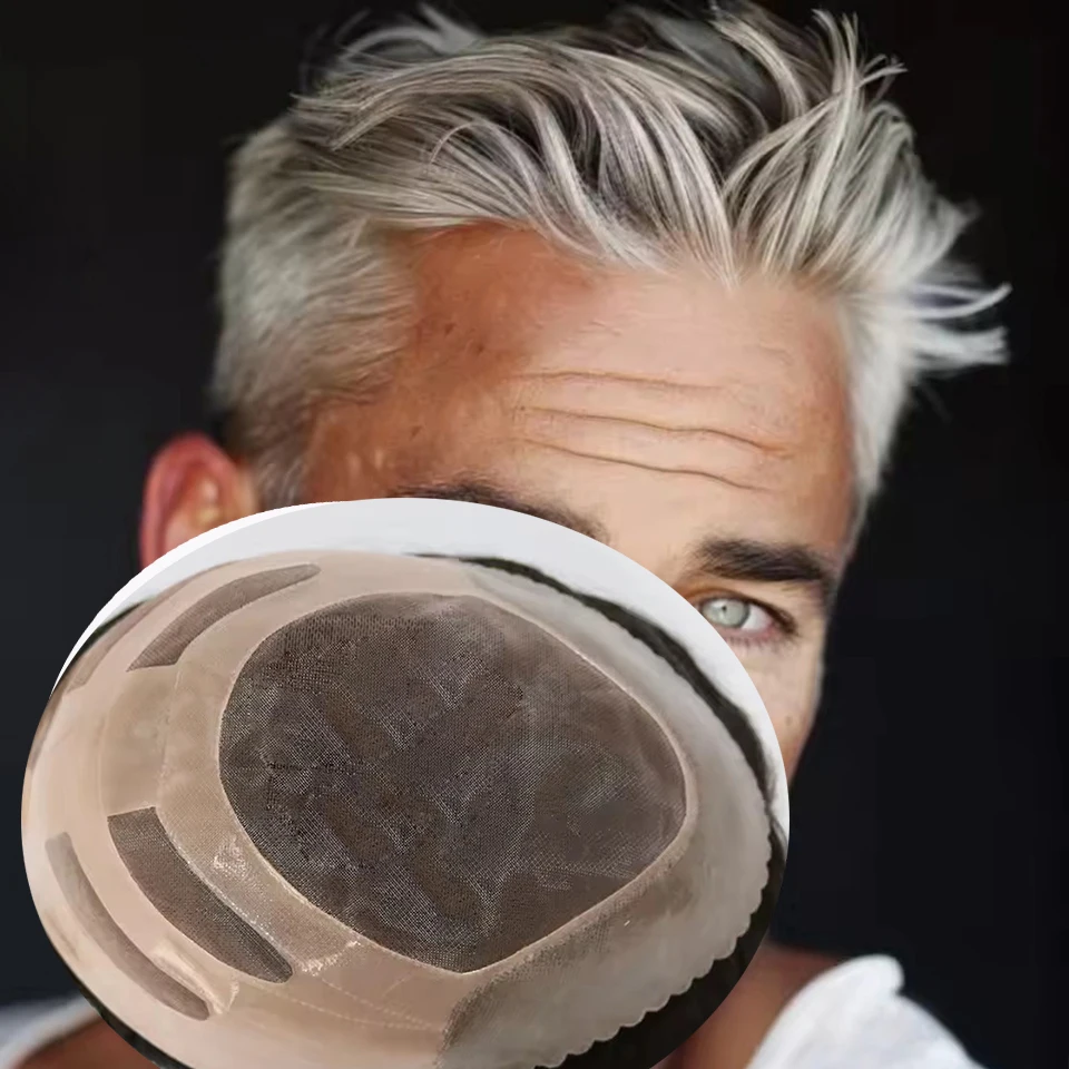 

Мужские парики-накладки из 100% натуральных черно-серых человеческих волос с моно-основой и прочным полиуретановым передом (NPU) для мужчин с выпадением волос, протезы для замещения волос