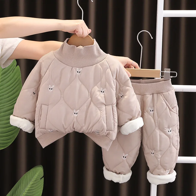 Autumn Winter Warm Baby Girls Clothing Set Lining Plush Thick Cartoon Rabbit Print Pullover+Pants 2Pcs For 1-5 Years Casual Suit