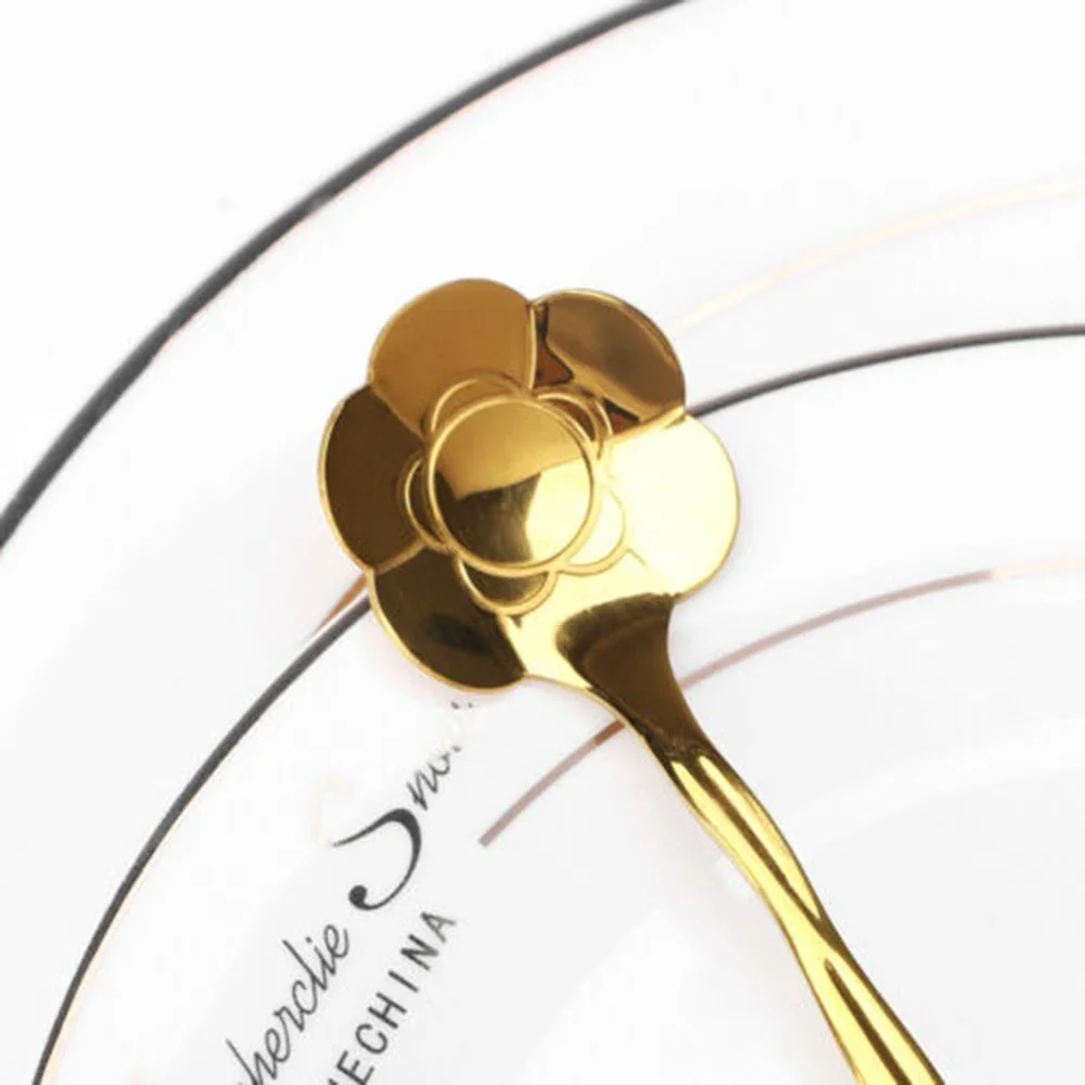 Exquisite Stainless Steel Flower Shape Coffee Sugar Spoon Dessert Gold Teaspoon High Quality Random Style 125*28cm