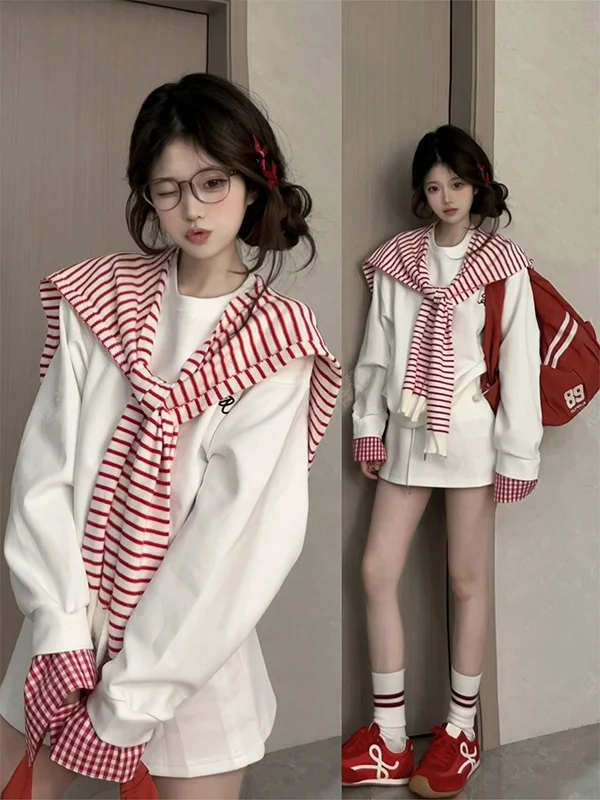 

Korean College Style Color Block Contrast Sweater Set Women's Autumn Winter New Short Skirt Two Piece Set Fashionable Streetwear