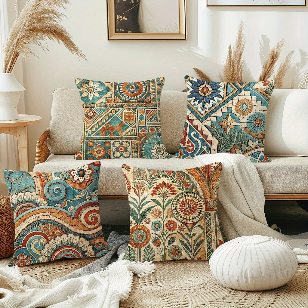 [JIT]4pcs, Short Plush Ethnic Style Geometric Pattern Throw Pillow Covers, 18in*18in, Boho Vintage Rust Turquoise Tones Home Dec