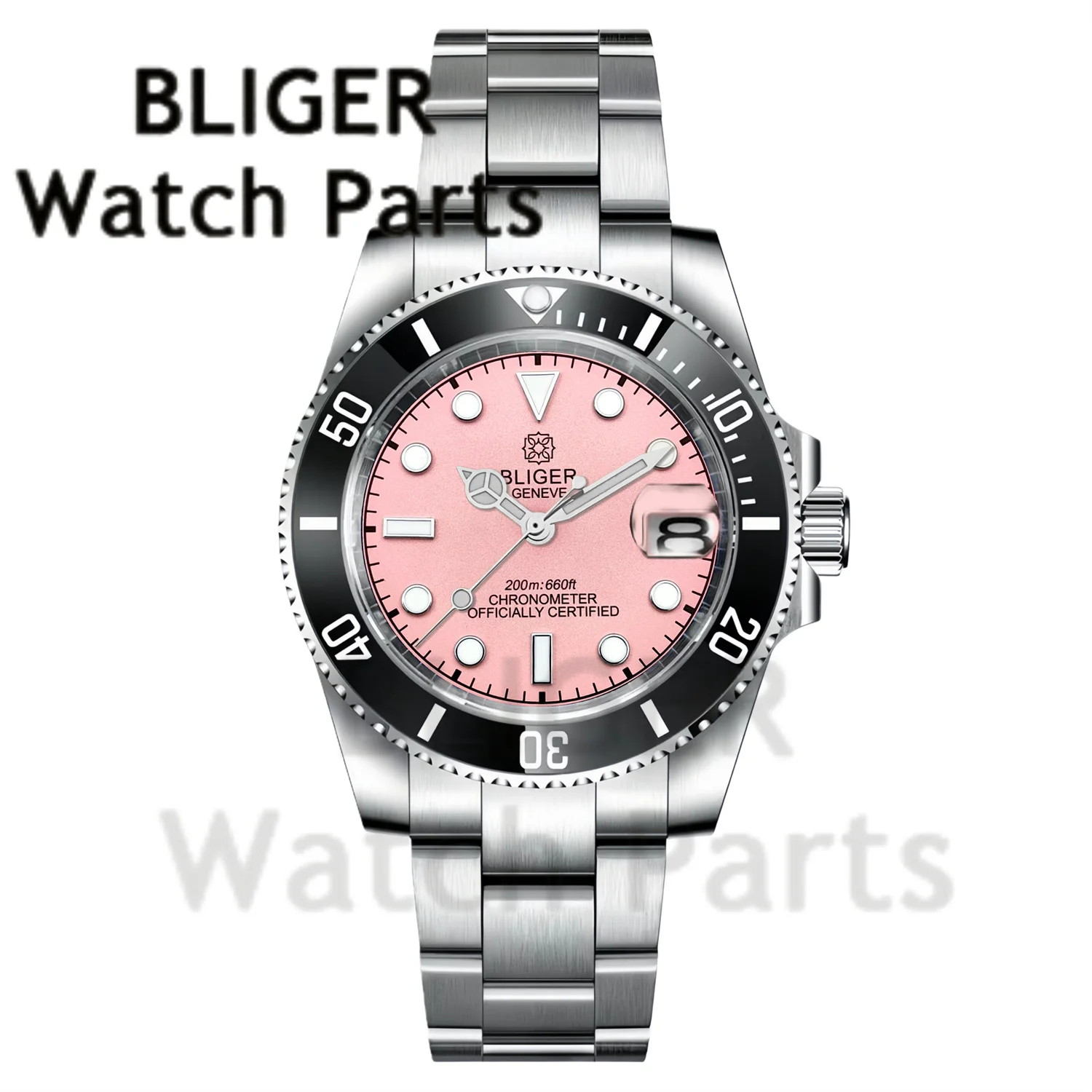 

BLIGER 40MM Men's PT5000 MIYOTA 8215 Mechanical Watch Pink Dial Ceramic Bezel Sapphire Date Stainless Steel Diving Watch For Men