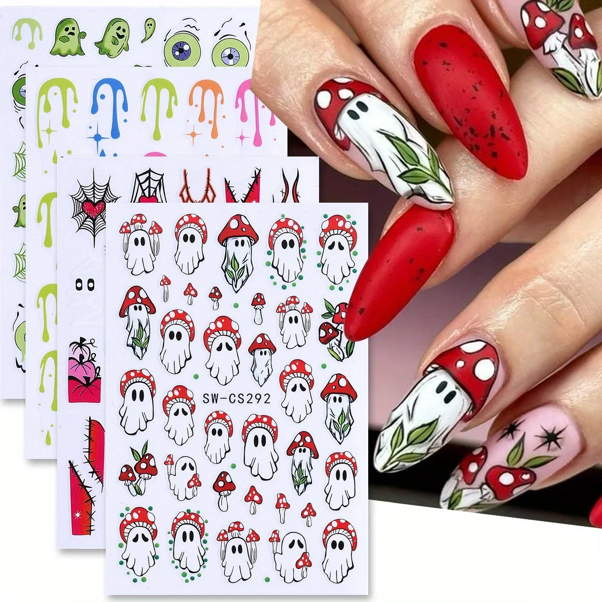4pcs Halloween Series Nail Art Sticker Spooky Mushroom Monsters French Spiders Web Element Decals Decor DIY Manicure Nail Foils