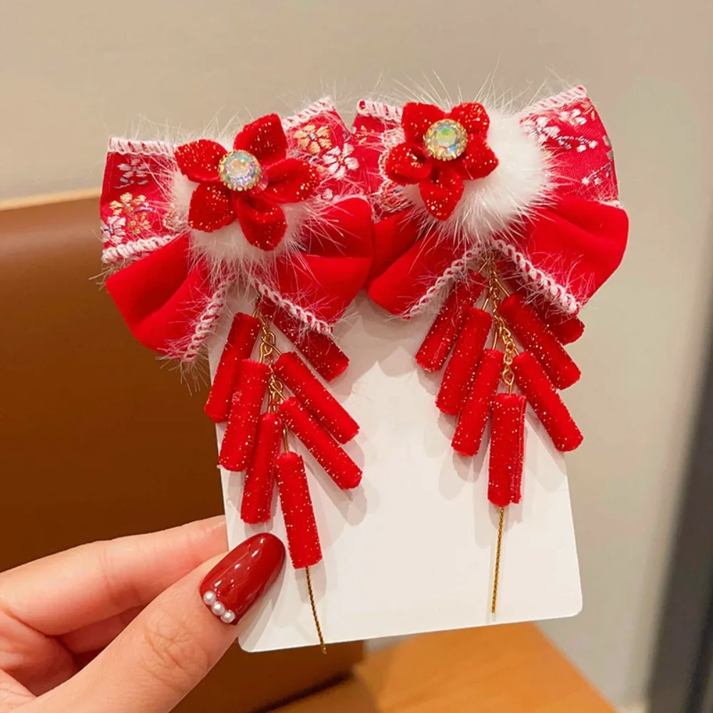 Cute Lion Children's Chinese Hairpin Plush Ball Flower New Year Barrettes Tassel Tang Suit Embroidered Bow Headwear Party