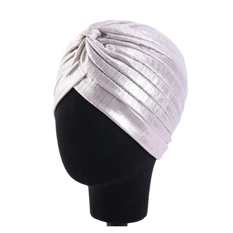 Shiny Turban Chemo Cap Glitter Indian Hat Muslim Women Hijab Head Scarf Pleated Beanie Bonnet Islamic Hair Loss Cover Headwear