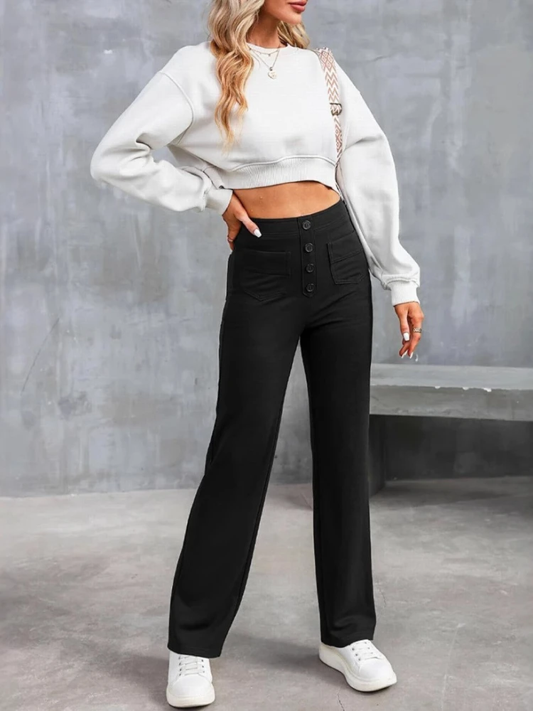 Women Long Pants Wide Leg Pant High Waist Button Capris Straight Trousers Casual Loose Elegant Y2k Streetwear Autumn Winter