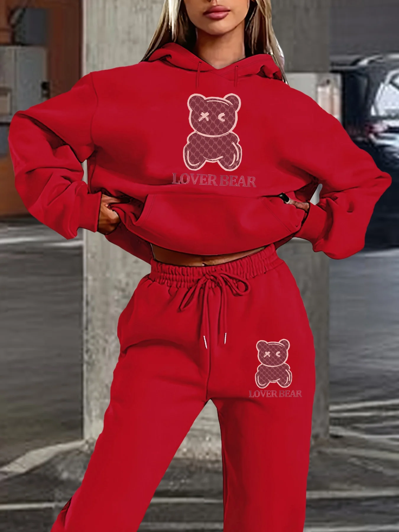 Feminino outono e inverno moda casual solto hip hop rua dos desenhos animados urso padrão impresso quente hoodie + calças esportivas conjunto