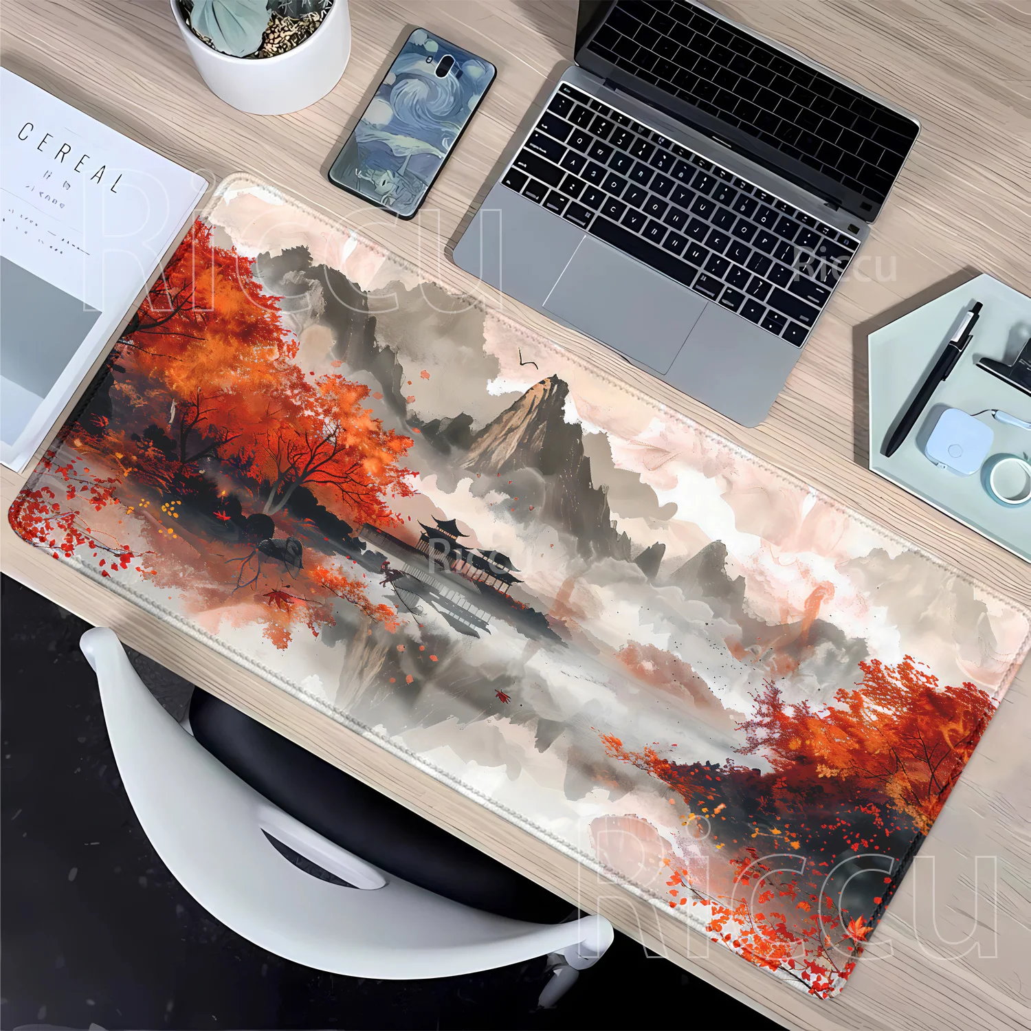 Ink-Wash Mountain Art Illustration Gaming-Mauspad, rutschfeste Gummitastatur, Büro-Mauspad, Gamer, HD-Druck, Overlock-Schreibtischunterlage
