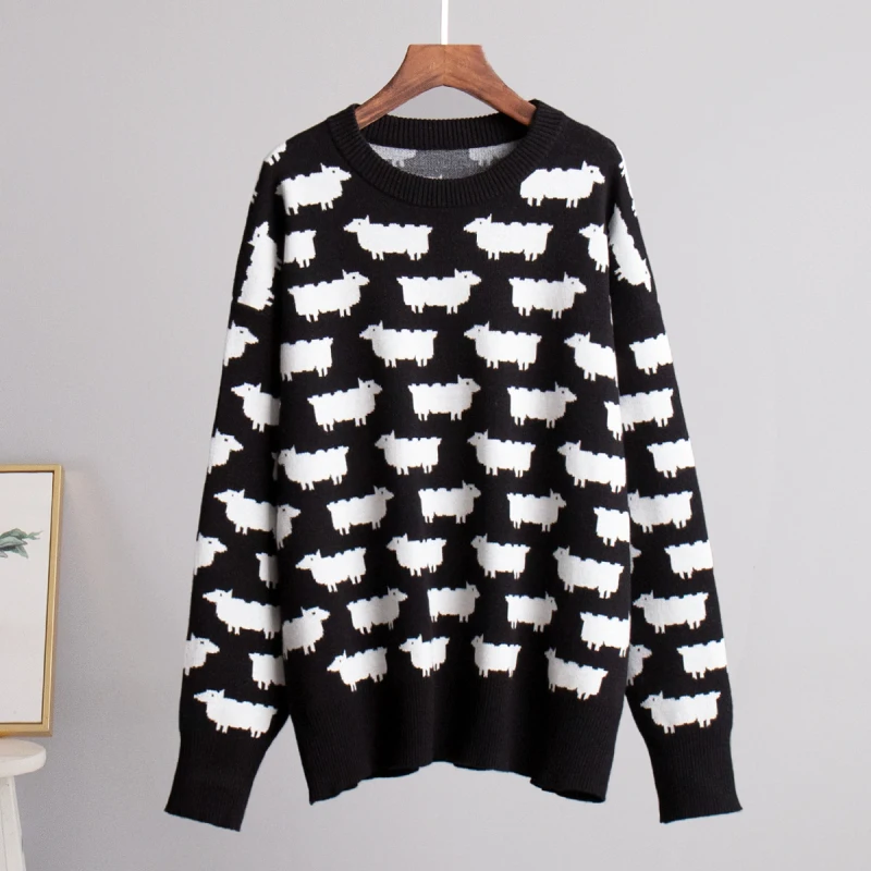 2024 New Fashion Autumn Winter Women Sweater Sheep Printed Long Sleeve Loose Sweater Tops