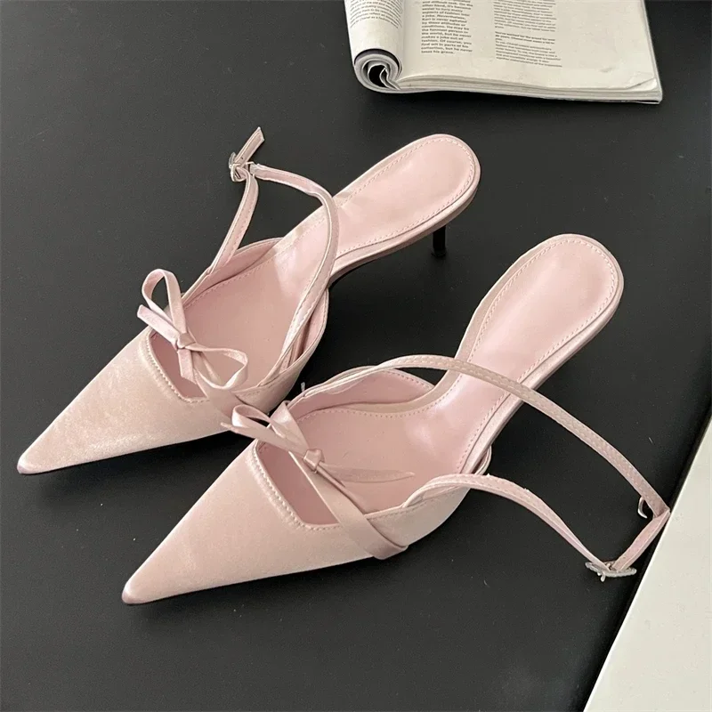 Eilyken Design Style Satin Pointed Toe Belt Buckle Women Pumps Sexy Stripper Party Thin Heels Mule Female Shoes