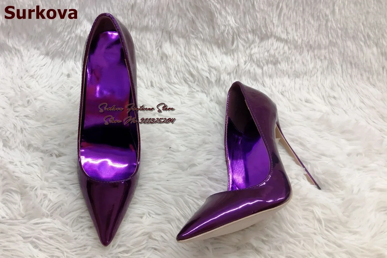 Surkova – chaussures holographiques irisées en cuir verni violet 12cm 10cm 8cm, escarpins à bout pointu brillant et à talons aiguilles, US13