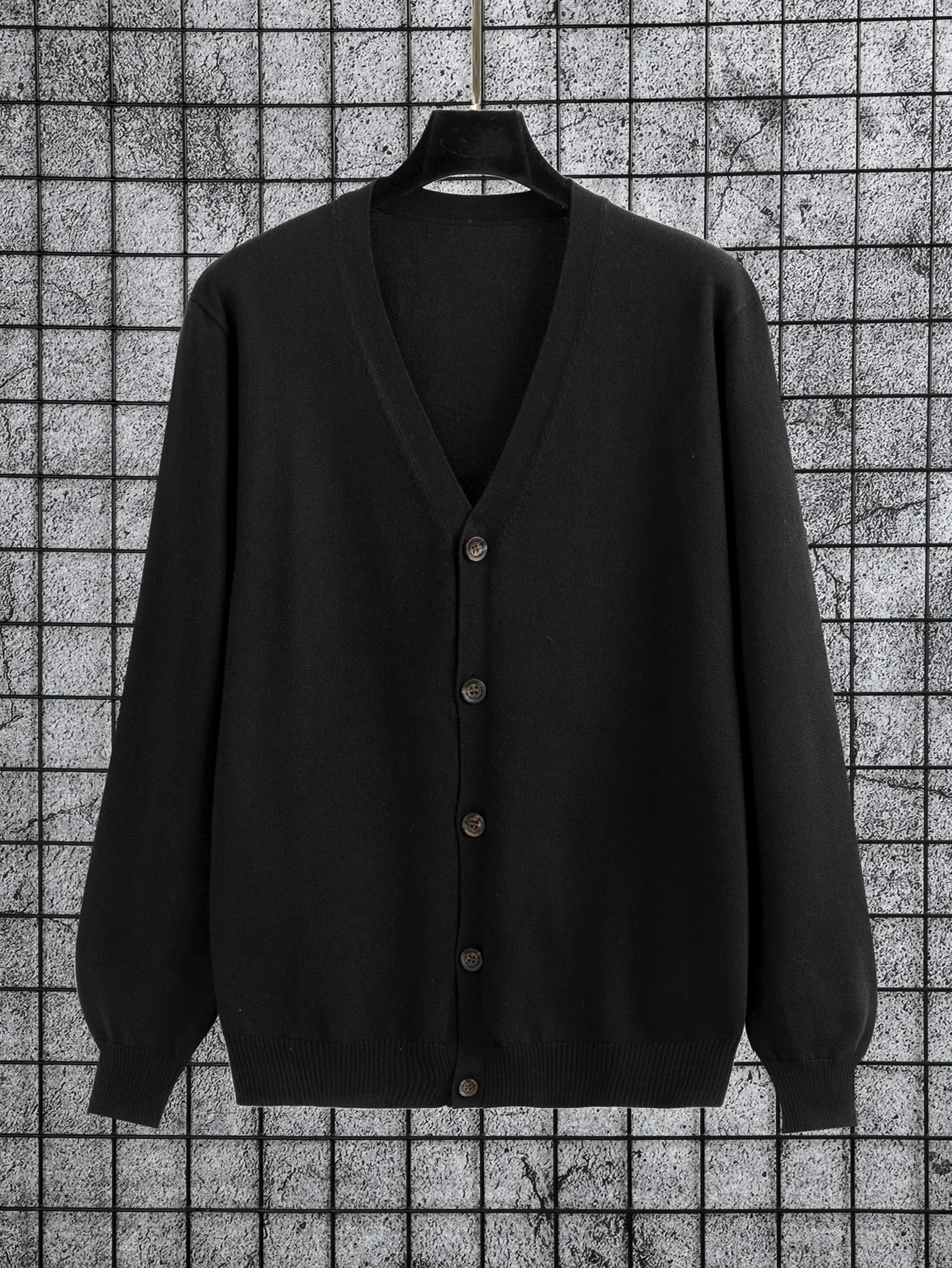 

Men's Solid Black V-Neck Button-Front Cardigan, Long Sleeve Casual Knit Sweater for Fall Winter
