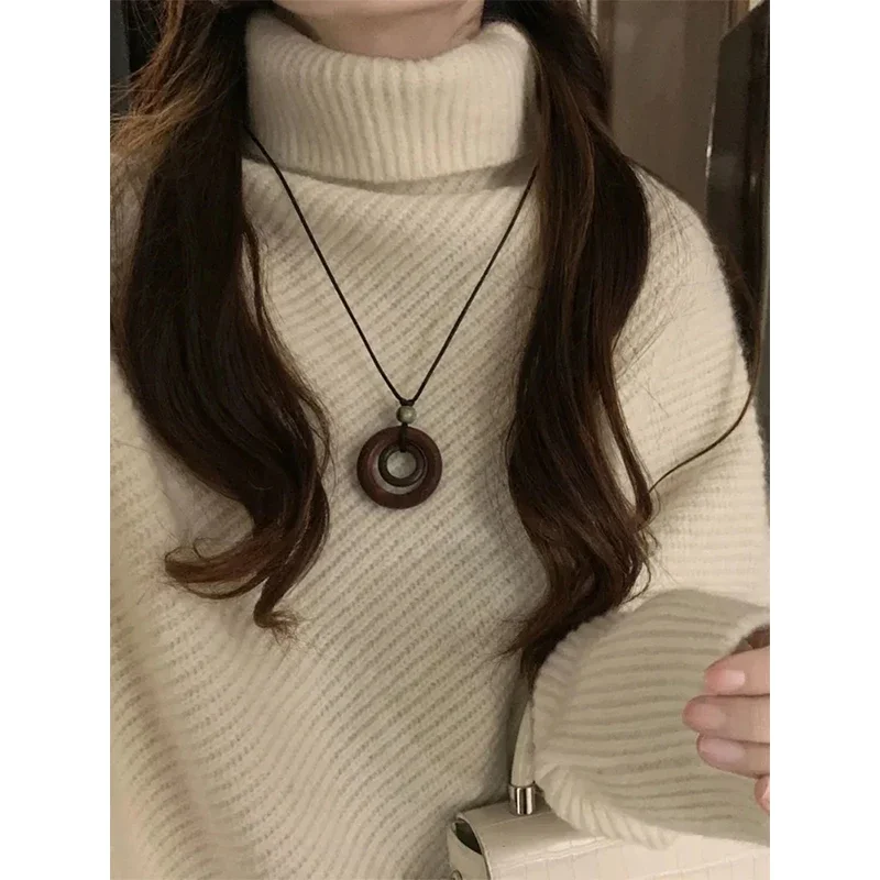 MEXZT Irregular Turtleneck Sweater Women Vintage Knitted Pullovers Korean Asymmetrical Knitwears Streetwear Casual Chic Jumper