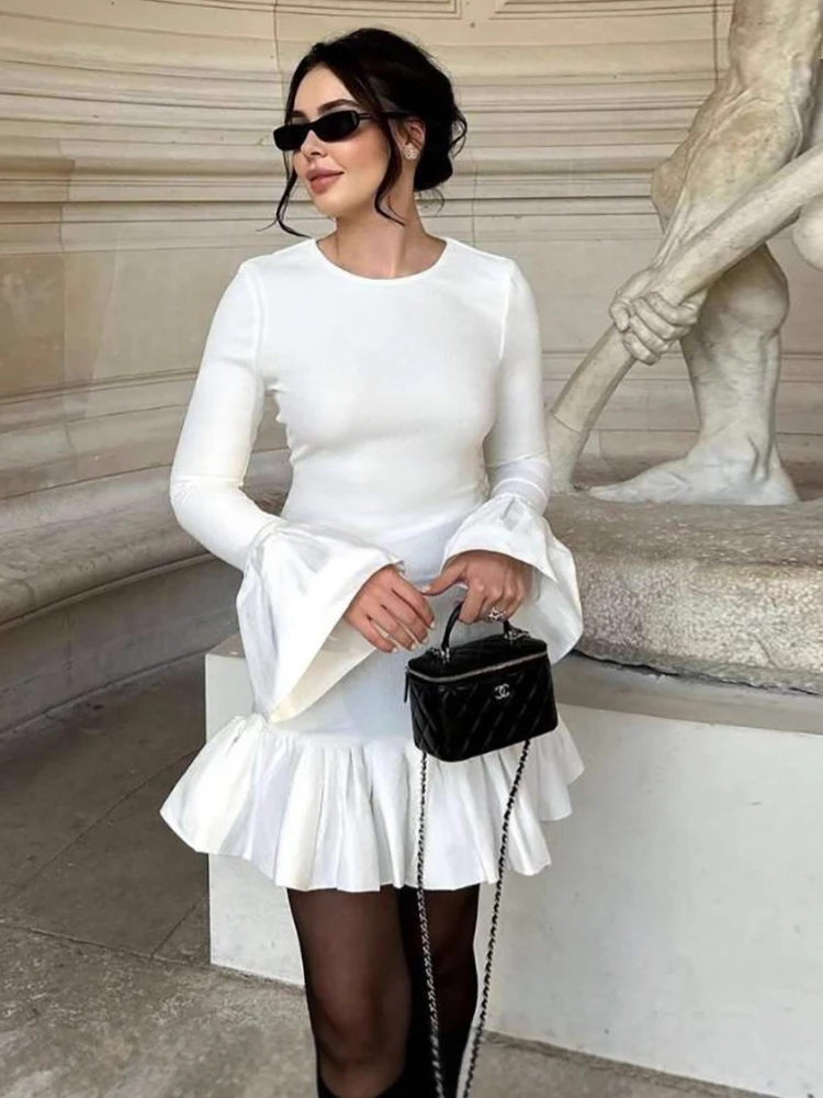 Leosoxs Sexy Ruffled Edging Mini Dress Women O-Neck Full Sleeve Simple Classic Solid Elegant Birthday Stretch Skinny Bodycon