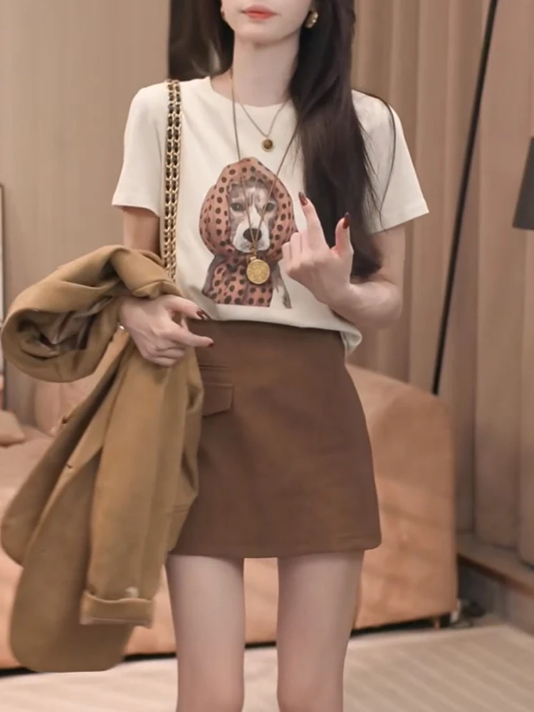 

Корейская толстовка-худи для женщин с принтом собаки, повседневная дышащая летняя футболка-базовый слой с шарфом