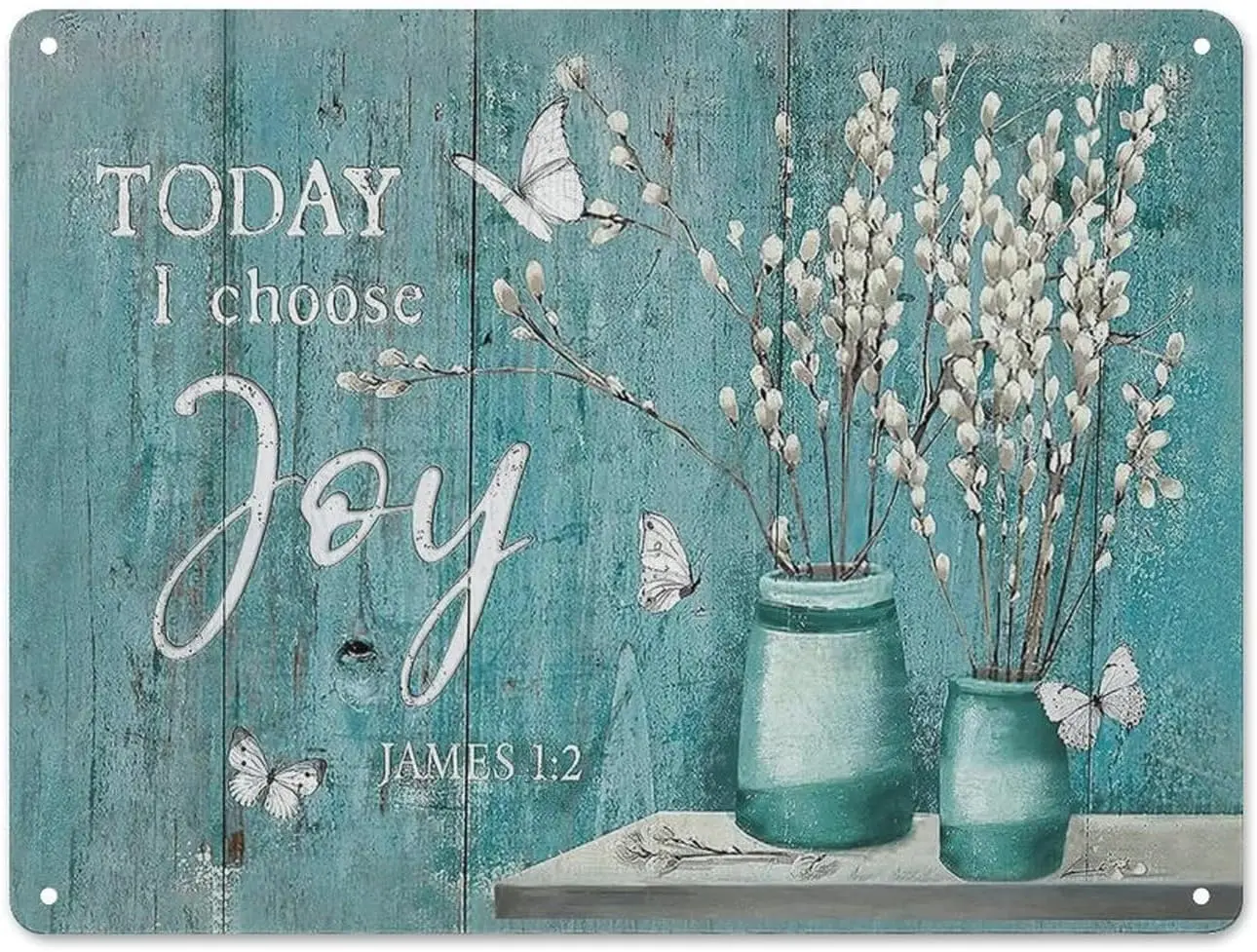 Retro Metal Tin Sign Farmhouse Teal Flower Wall Art Rustic Teal Floral Butterfly Pictures Wall Decor Today I Choose Country sign