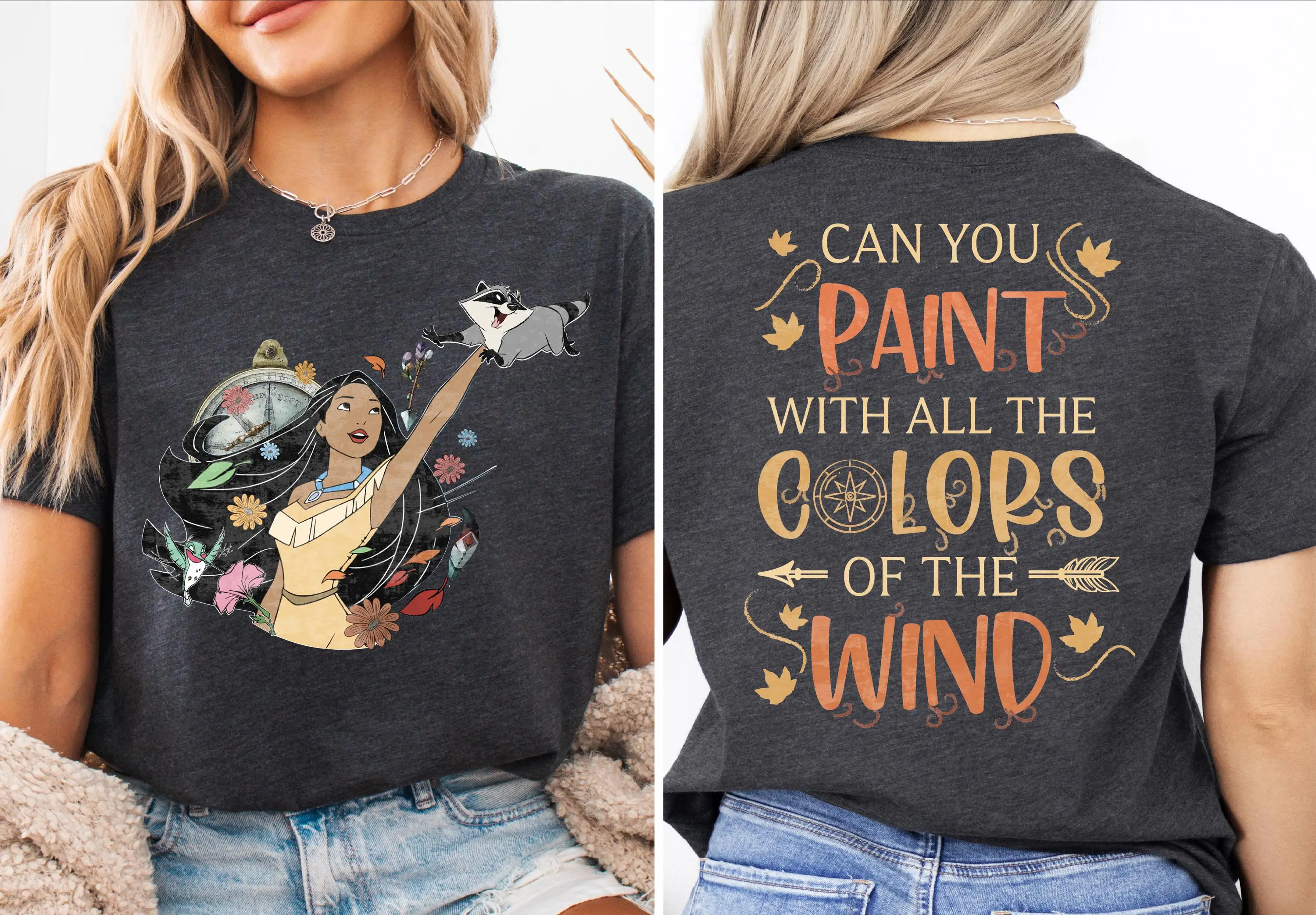 

Two Sided Pocahontas Meeko Afternoon Dreaming Colors of the Wind Cotton T-shirt Summer Women's Casual Party Travel Top