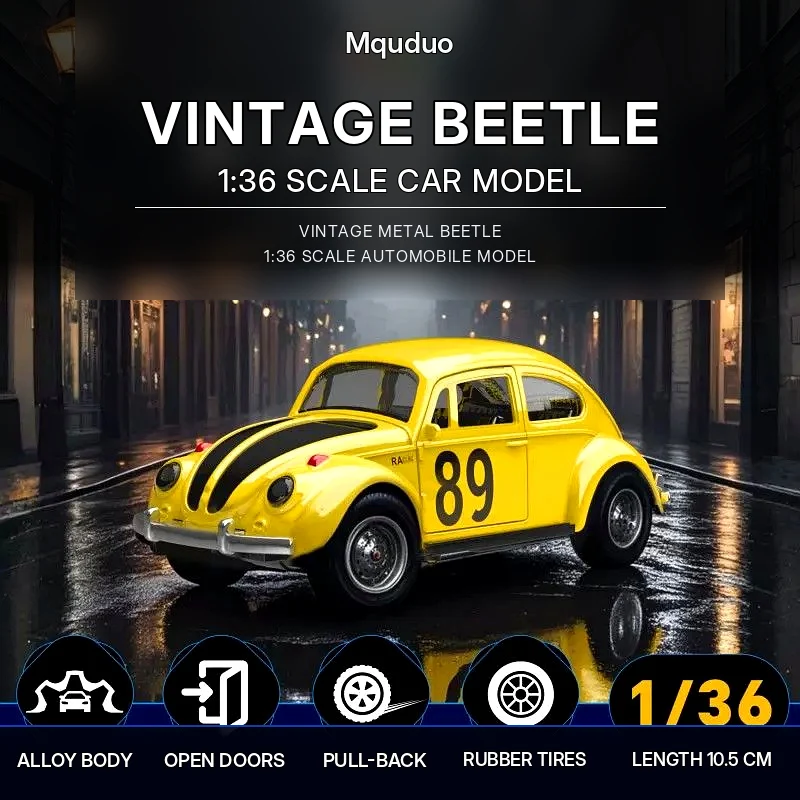 MQUDUO Retro VW Bug Alloy Vehicle Friction Powered, Detailed Miniature Car Display Office Hobby Gift for Men