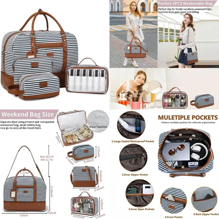 4PCS Weekender Bags for Women Large Overnight Weekend Travel Duffel Carry on Shoulder with Shoe Compartment Canvas Toiletry Bag