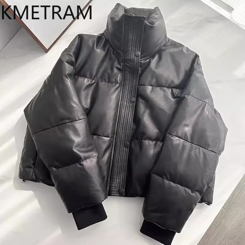 100% 양피 다운 코트 여성 스탠드 칼라 정품 가죽 짧은 퍼퍼 자켓 2025 겉옷 겨울 의류 여성 пуховик