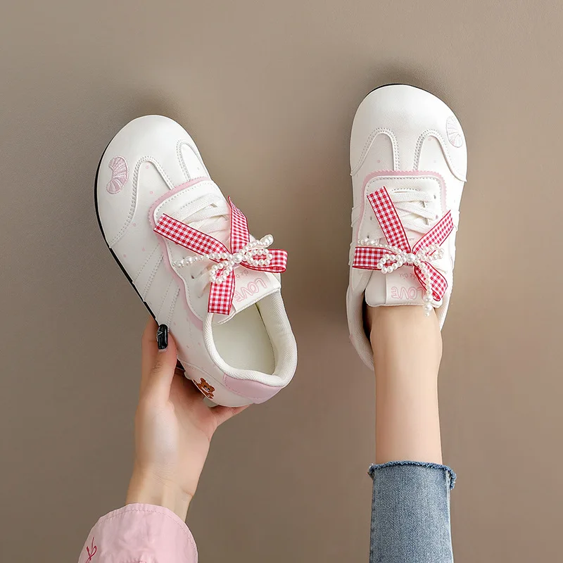 

Women Casual Sport Shoes Spring 2026 New Pearl Bow-knot Sweet Running Shoes Non Slip Fashion Comfortable Round Toe Flat Shoes