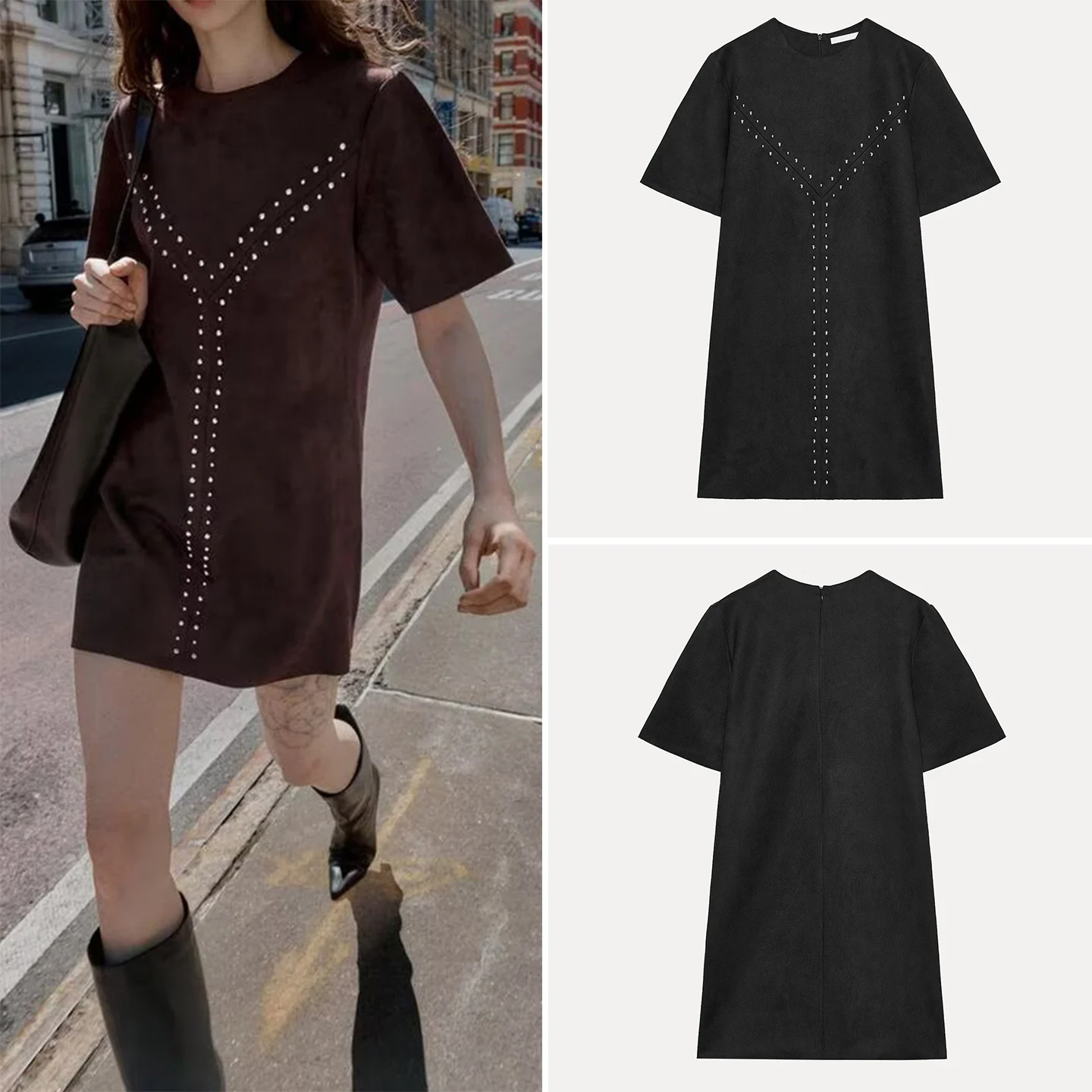 Z femme Faion Personali Anti-Fur cuir effet Rivet Dr décontracté Sle taille ample ort Sve t-shirt Dr
