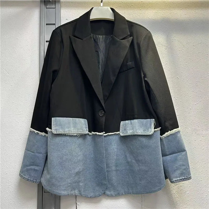 Fashion Denim Patchwork Blazer for Women Contrast Color Suit Collar Vintage Jacket Coat Female Clothing