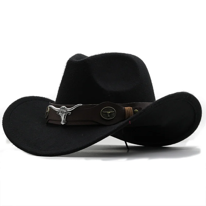 Simple Wome Men Red Wool Chapeu Western Cowboy Hat Gentleman Jazz Sombrero Hombre Cap Dad Cowgirl Hats Size 56-58cm