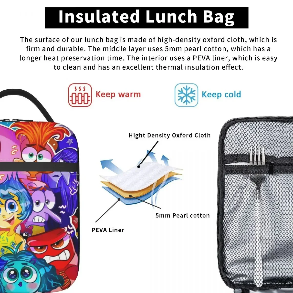 Inside Out Emotions Anxiety Insulated Lunch Bag Thermal Bag Reusable Cartoon Portable Lunch Box Tote Men Women Office Outdoor