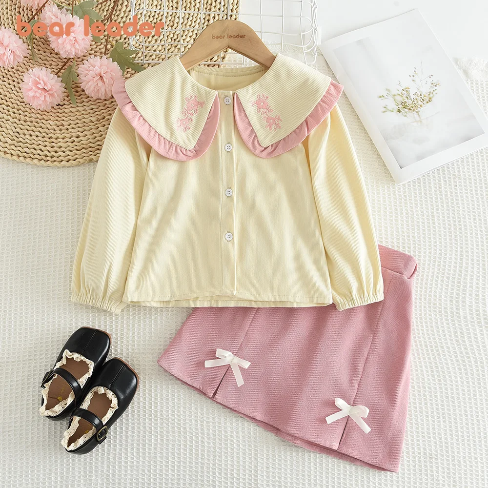 Bear Leader Pink Collar Embroidered Long Sleeved Top+Bow Tie Short Skirt Casual Children's Sets Autumn New Plain Girls Clothes