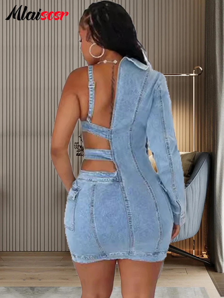 Mlaiscsr Blue Stretch Denim Backless One Shoulder Long Sleeve Mini Dress Women Sexy Night Club Cowboy Jean Birthday Party Outfit