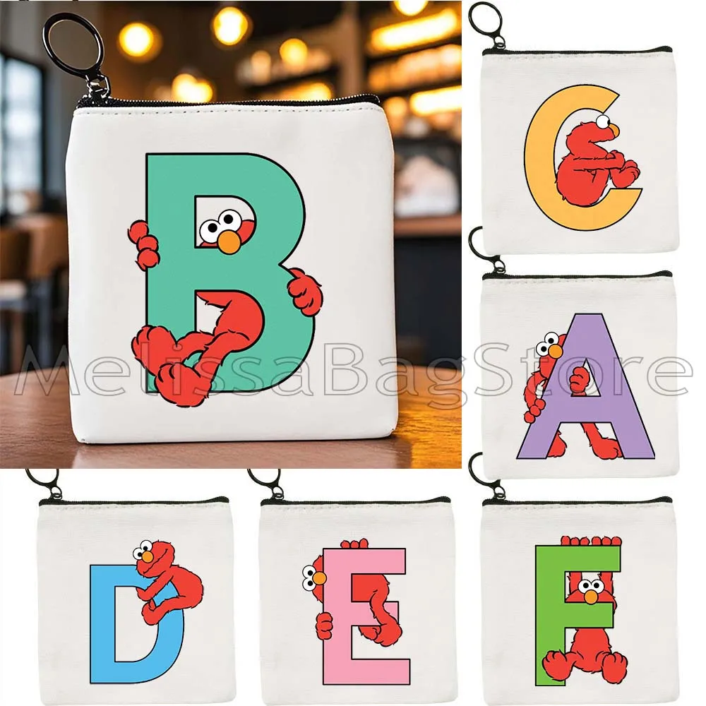 

Cute Cartoon Initial Letter A to Z Elmo Alphabet Kawaii Gifts Pink Blue Purple Canvas Coin Purse Key Case Small Bag Wallet Pouch