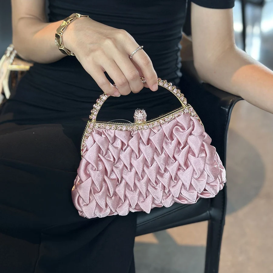

Luxury Pleated Satin Evening Bags Handbag Women Top Handle Glitter Day Clutch Ladies Wedding Dinner Dressed Clip Bag Diamond Sac