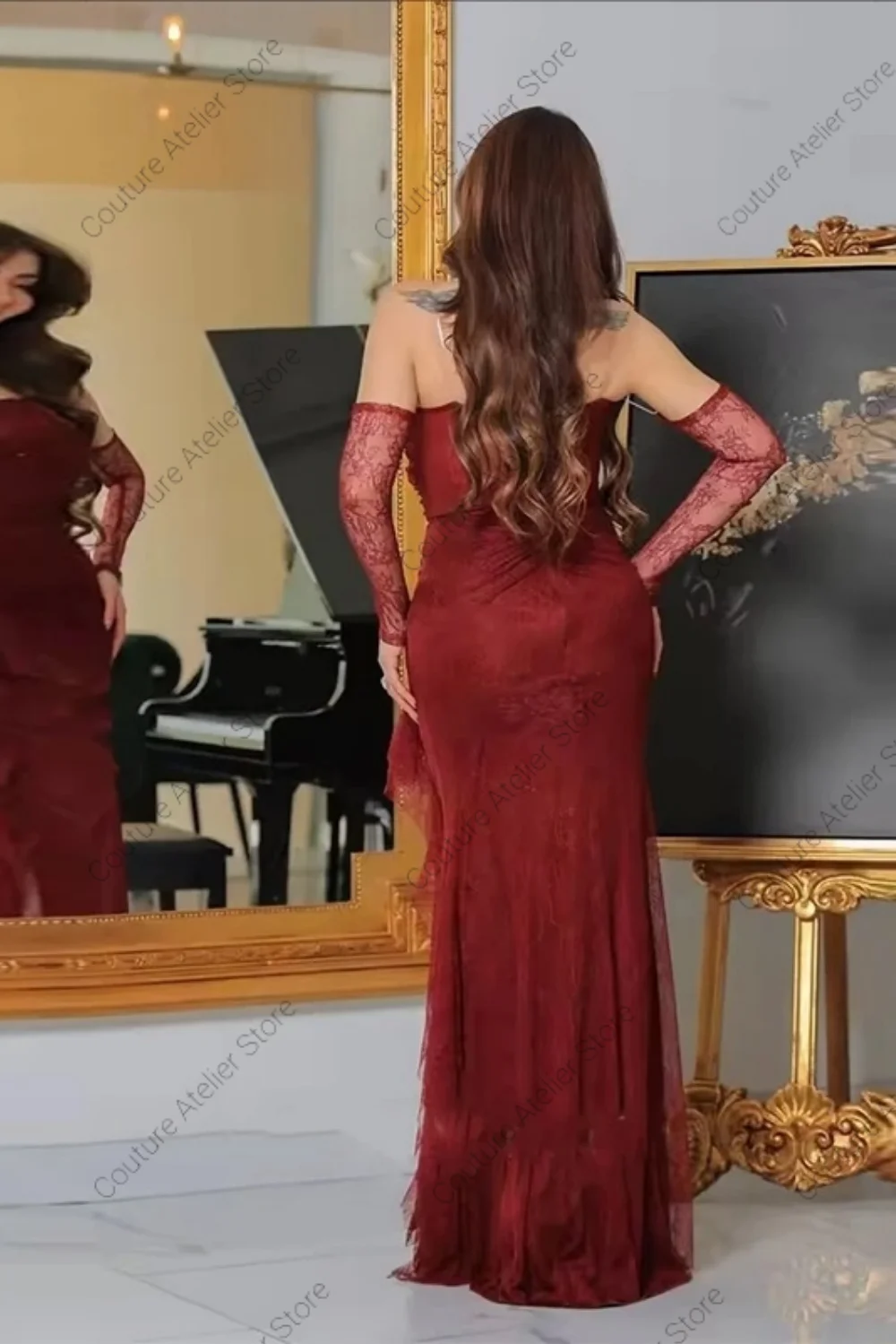 Vestido de noche de sirena de media manga de encaje rojo oxidado para mujer, vestidos de fiesta formales árabes sin tirantes de boda, lujosos y personalizados