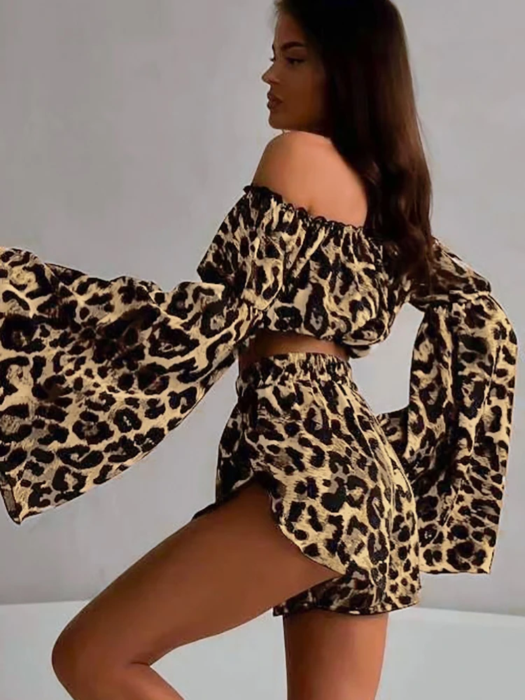 Hiloc Leopard Pajamas For Women 2 Piece Sets Sexy Off Shoulder Flare Sleeve Sleepwear Female Suits With Shorts Summer 2024